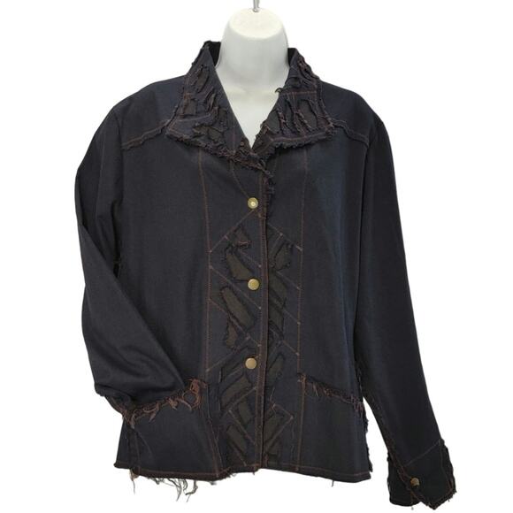 Linda Lundstrom Distressed Jacket Button Front Raw Hem Black Womens Plus Size 18 - Picture 1 of 8